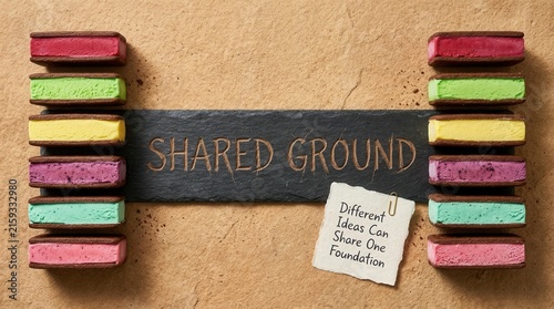 Colorful ice cream sandwiches arranged around a dark slate plaque with SHARED GROUND text and a motivational note on paper representing unity and diversity on a natural textured brown background area.