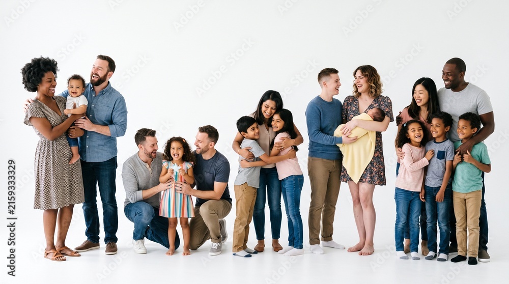 Obraz premium Diverse happy families posing together in a studio with white background