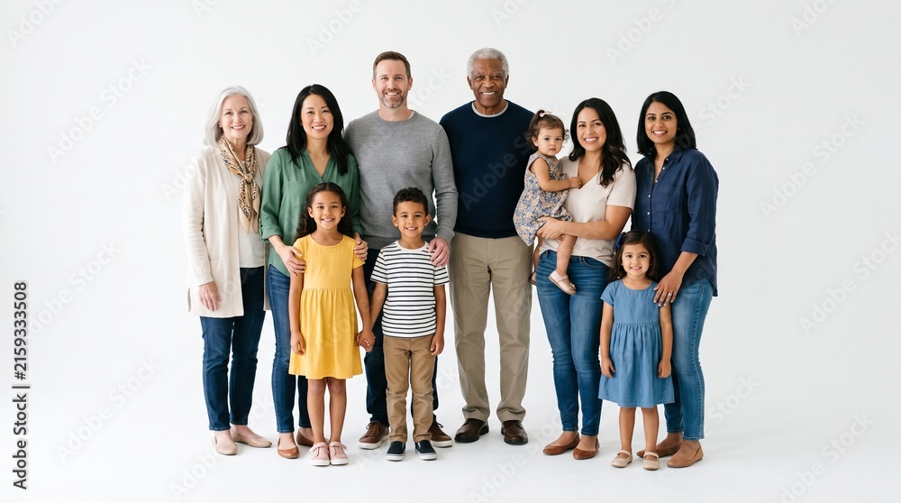 Obraz premium Diverse multi-generational family posing together in a studio setting