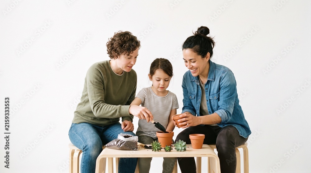 Fototapeta premium Family planting succulents together on a white background