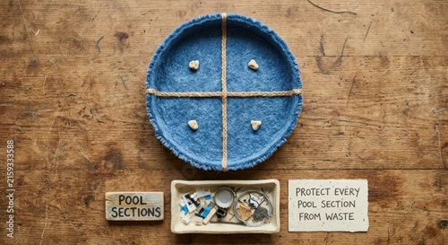 Top down view of blue divided bowl representing pool sections on a wooden table with an important message about waste protection and a box of collected trash for environmental awareness