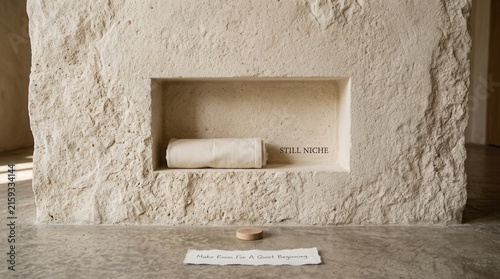 Minimalist interior design featuring rough stone wall with a recessed niche containing rolled fabric and inspirational text creates a peaceful atmosphere for serene wellness and spiritual meditation