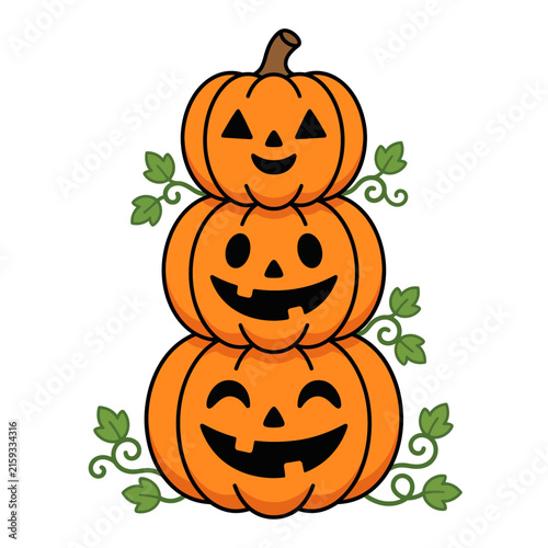 Stack of three cute orange halloween jack o lantern pumpkins