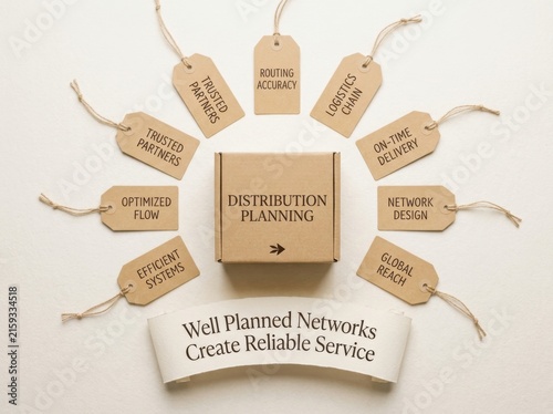 Professional cardboard box labeled distribution planning surrounded by descriptive tags including logistics chain and global reach for business supply management showing a reliable service banner info