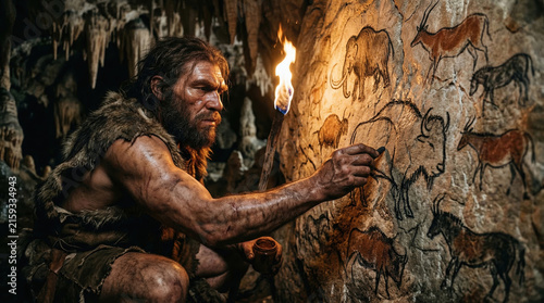 Prehistoric man in animal hide painting on a cave wall. Ancient caveman holding a burning torch and drawing a bison. Paleolithic era and human evolution concept