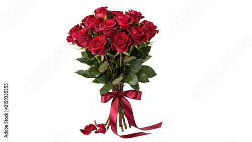 Quadro su tela Bouquet of twelve red roses with satin ribbon and fallen petals during daylight