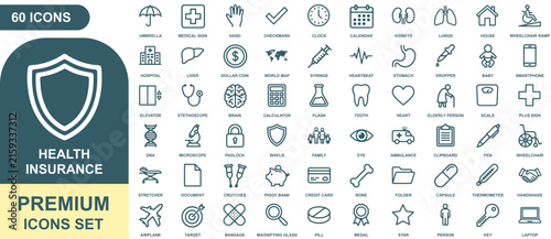 Comprehensive health insurance icon set featuring outline medical symbols, organs, and healthcare icons