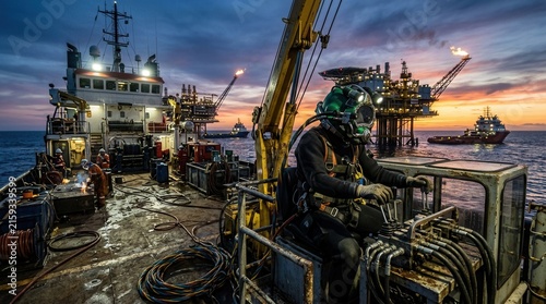 Offshore worker in diving gear operates machinery on a vessel near oil rig at dusk
