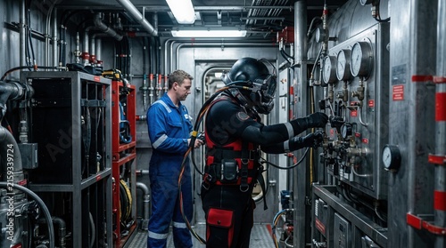 Offshore worker in diving suit checks complex control panel with gauges while colleague in blue overalls assists