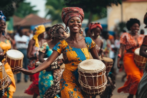Joyful african women celebrating with drums in colorful attire