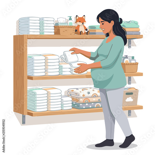 Pregnant woman organizes diapers and baby items in a nursery setting during the day