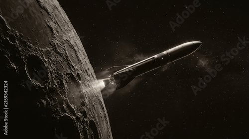 Sepia tone image of rocket soaring past moon surface with dramatic lighting and sense of adventure in deep space exploration