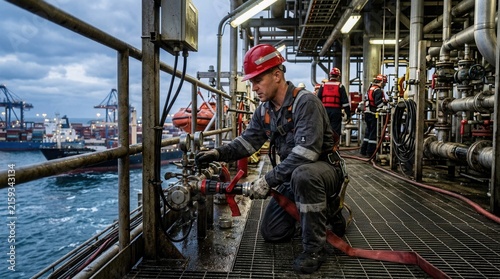 Offshore worker inspects equipment on oil platform with ships and cranes in background
