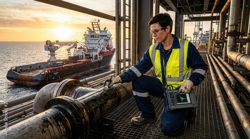 Offshore worker inspects industrial pipes on platform at sunrise, with supply ship sailing in the sea.