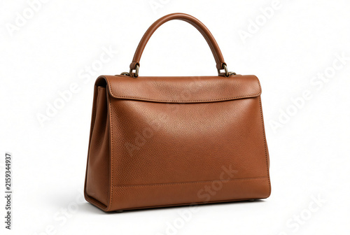 Clean photorealistic studio image of leather handbag, fully isolated on a pure white background with crisp edges and a subtle natural shadow.