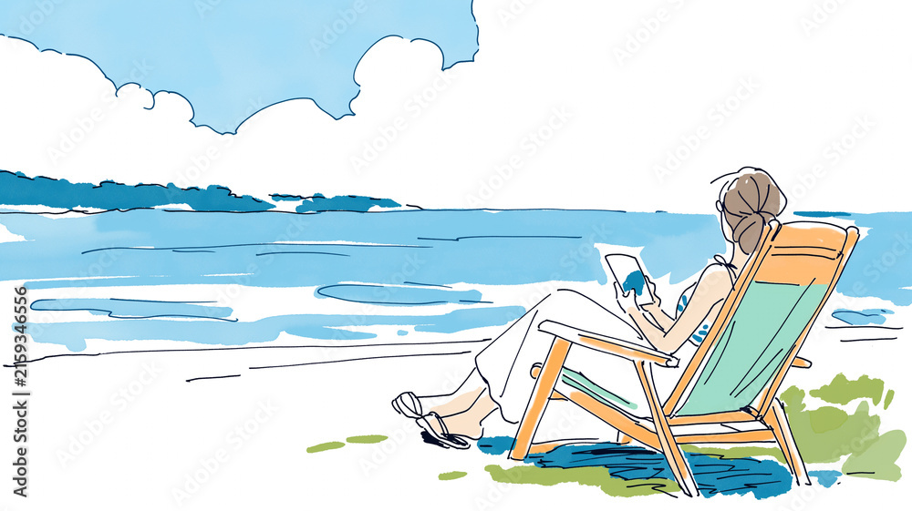Fototapeta premium 波の見える砂浜でのんびり過ごす人物のイラスト