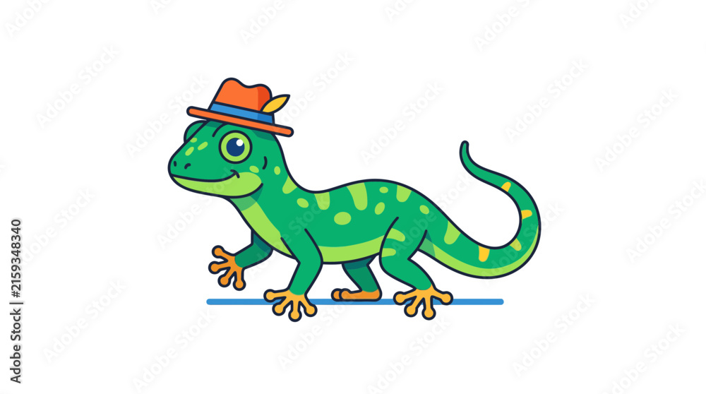 Fototapeta premium Green cartoon lizard wearing hat
