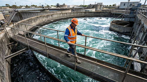 industrial water treatment facility technician inspecting large circular clarifier in a modern wastewater plant