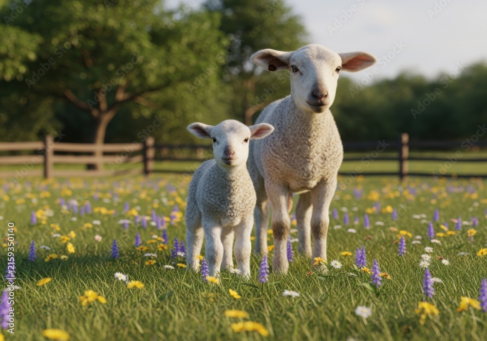 Fototapeta premium Two Young Lambs Standing in a Flower-Filled Meadow