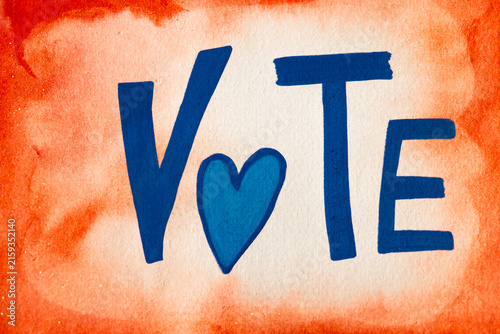 Vote Word with Heart Symbol for American Election on a red watercolor frame, expressing love. Election Day posts, community outreach, voting rights campaigns and posters.