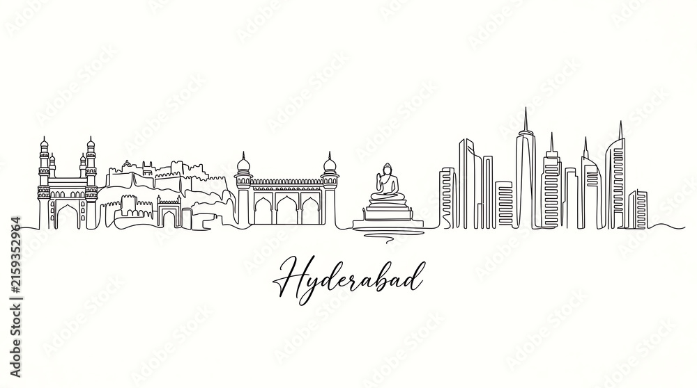 Fototapeta premium Elegant minimalist line art depiction of hyderabad skyline featuring historic architecture alongside modern skyscrapers