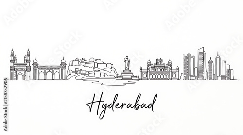 Elegant minimalistic line art illustration showcasing Hyderabad's iconic skyline with historic monuments and modern skyscrapers