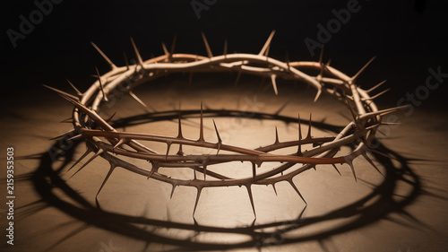 A Crown of Thorns with Sharp Spikes Casting a Shadow on a Wooden Surface Keywords: crown of thorns, jesus, religious, christianity, symbol, sacrifice, suffering, pain