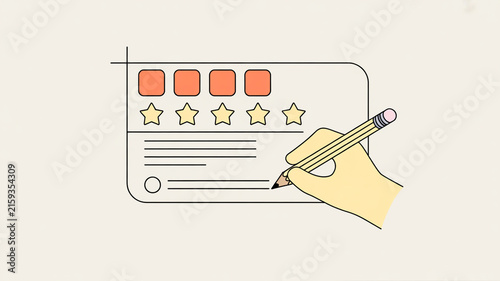 Hand holding pencil writing on review card with star ratings and text lines feedback stars