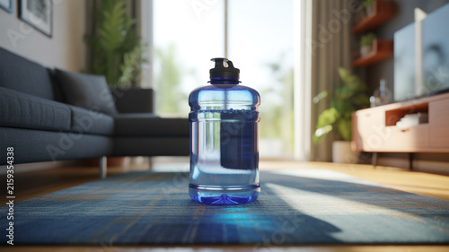Large Blue Water Bottle with Black Cap Sitting on a Rug in a Living Room large bottle dispenser