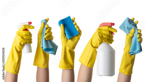Hands in Yellow Gloves Holding Cleaning Supplies and Tools on White Background spray bottle microfiber cloth