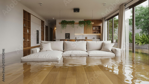Modern living room with sectional sofa partially submerged in floodwater water damage inundation