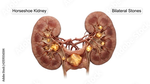 Horseshoe kidney medical illustration showing bilateral stones and anatomical
