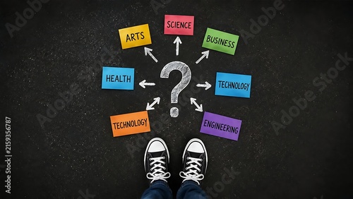 Student choosing academic major concept with question mark and educational disciplines on sticky notes