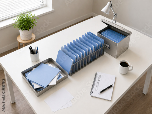 Organized office desk with blue file folders and paper checklist