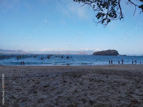 Tranquil Tropical Beach with Mountain and Island Background