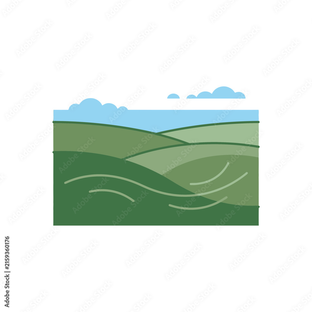 Fototapeta premium Minimalist flat vector illustration of green rolling hills and meadows landscape with blue sky