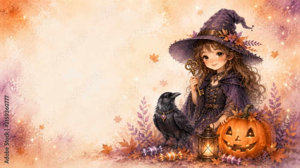 Fototapeta premium Watercolor halloween scene with witch girl, crow, jack o lantern, key, autumn leaves in pastel background. concept of spooky holiday, cute fantasy art, trick or treat celebration copy space