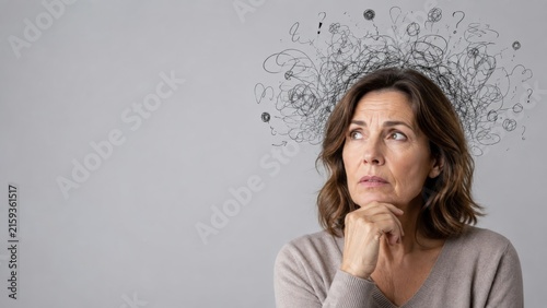 Worried woman thinking with tangled scribbles above her head. Mental health, stress, confusion, anxiety and overthinking concept with copy space