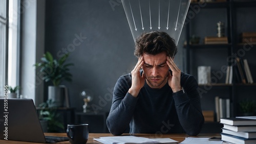Stressed man holding his temples at desk with pressure arrows above his head. Mental health, work overload, anxiety, burnout, and workplace stress concept