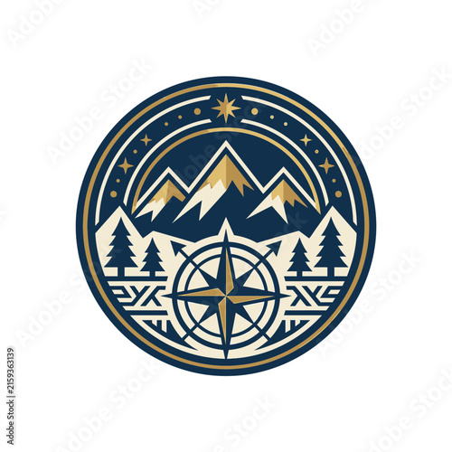 Mountain wilderness badge with compass and pine trees.