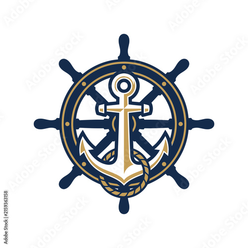 Nautical anchor and ship steering wheel combined logo.