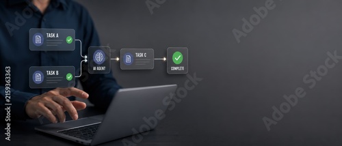 Intelligent process automation concept with an AI agent managing tasks, digital workforce, no code automation, automated decision making for business blog