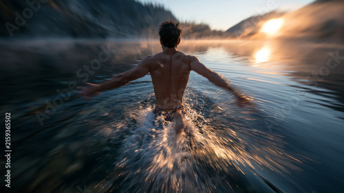 Athletic Man Swimming in Cold Misty Mountain Lake at Sunrise