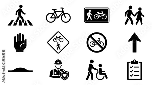 Set of black and white vector icons representing traffic safety and pedestrian navigation symbols on white