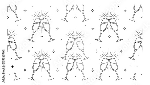 Seamless pattern of champagne glasses clinking together with sparkles in a minimalist black and white line art style