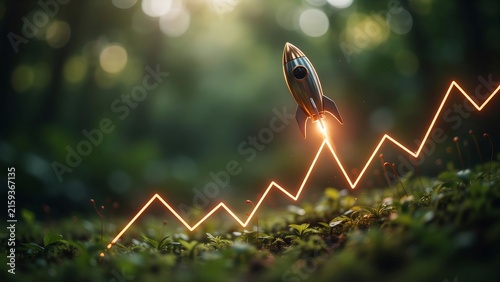 Rocket Launching Above Glowing Growth Chart in Green Nature, Startup Business Success and Innovation Concept