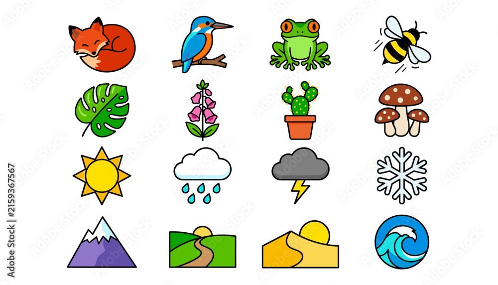 Obraz premium Nature and Wildlife Landscape Vector Icon Set Featuring Fox, Bird, Frog, Insects, Plants, Weather Elements, Mountains, Desert, and Ocean Wave for Outdoor Designs