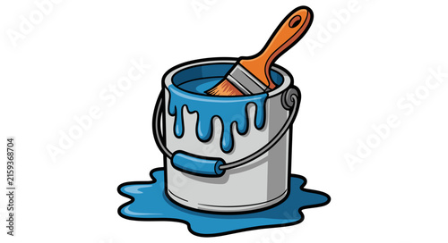 Open metal paint bucket dripping blue liquid with paint brush resting inside vector illustration isolated on background for home renovation repair concept