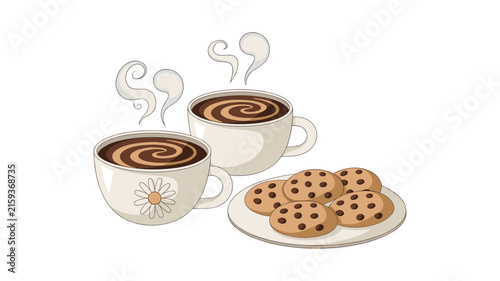 Two hot coffee cups with swirling foam and steam next to a plate of chocolate chip cookies isolated vector illustration for cafe menu