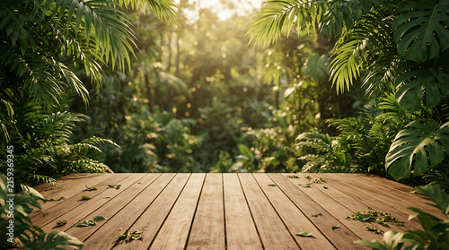 Tropical Wooden Pathway in Lush Green Forest with Sunlight & Palm Fronds
